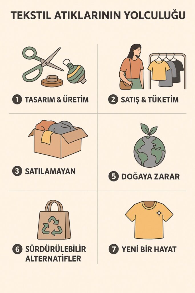Moda Atıklarının baştan sona sürecini gösteren bir görsel. Bu süreç ileri dönüşüm ile uzatılmış.